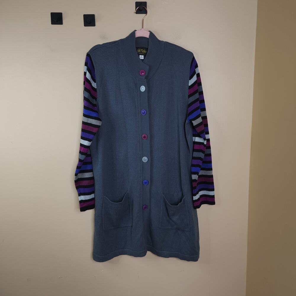 Bob Mackie Wearable Art Cardigan Sweater Gray with Striped Sleeves Size XL